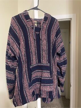 Vintage Striped Hooded Baja Jacket in Navy and Pink